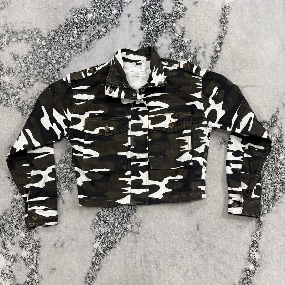 Topshop Cropped Camo Jacket Womens XS Military Utility Army Print Zip Up